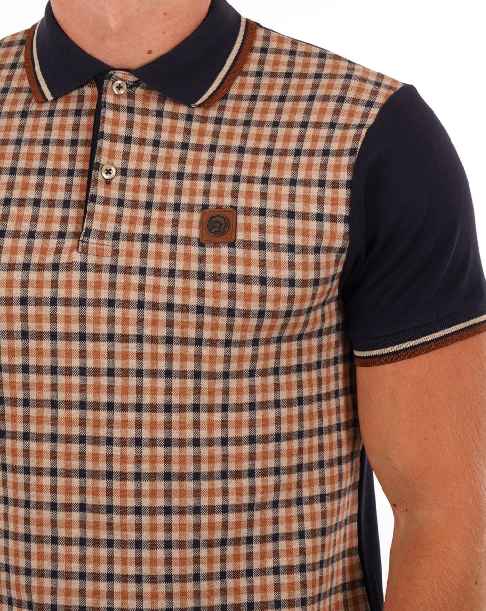 Trojan – Poloshirt mit Gingham-Karo-Einsatz in Marineblau