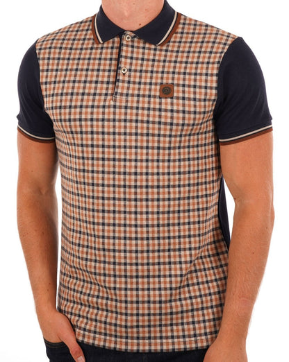 Trojan – Poloshirt mit Gingham-Karo-Einsatz in Marineblau