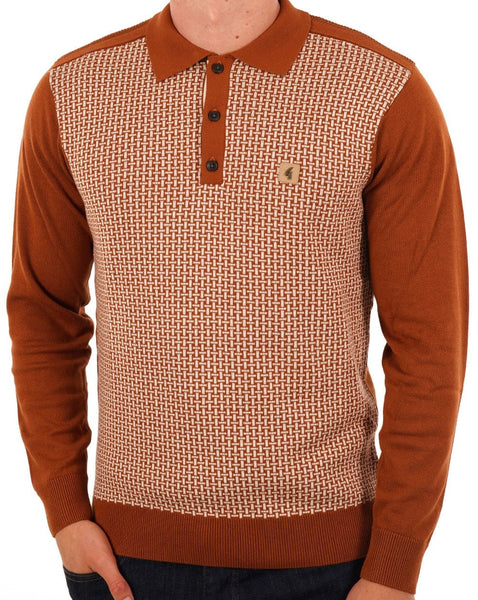 Gabicci Vintage Weaver LS Knit Polo Toffee