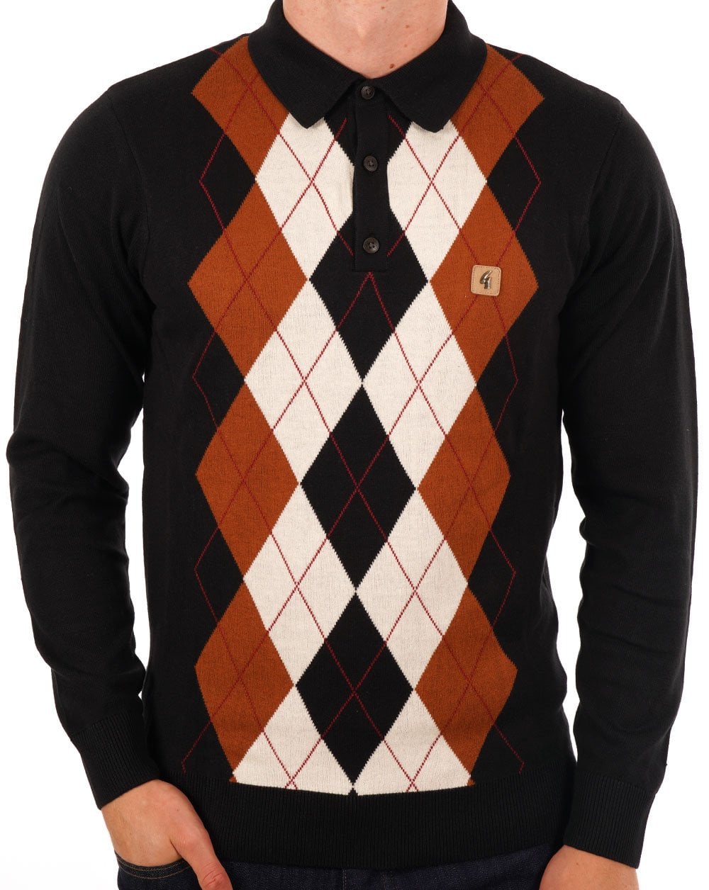 Gabicci Vintage Diamond Knit Polo Schwarz Toffee