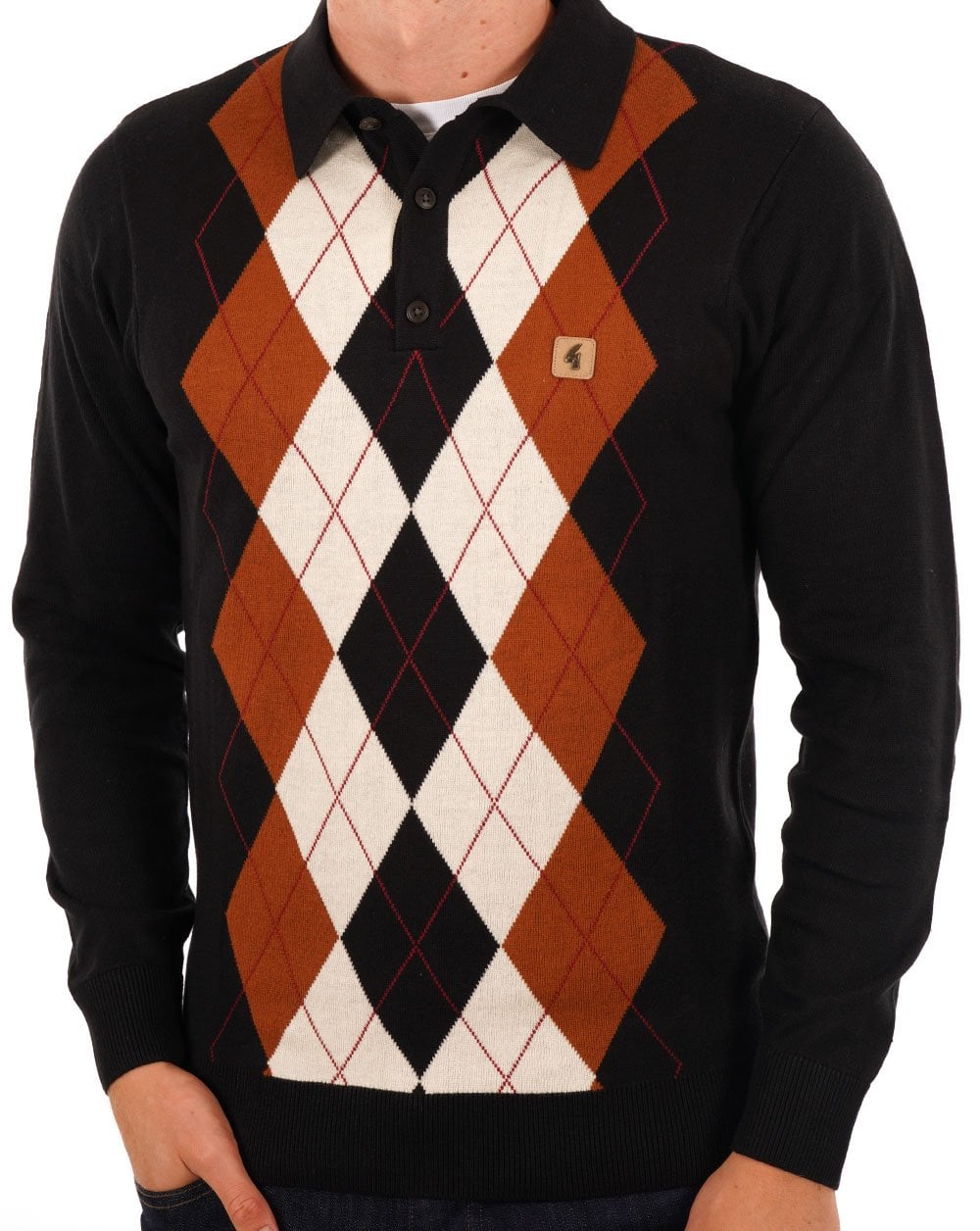 Gabicci Vintage Diamond Knit Polo Schwarz Toffee
