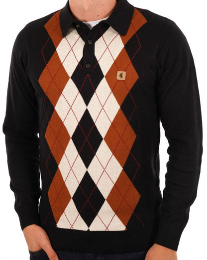 Gabicci Vintage Diamond Knit Polo Schwarz Toffee