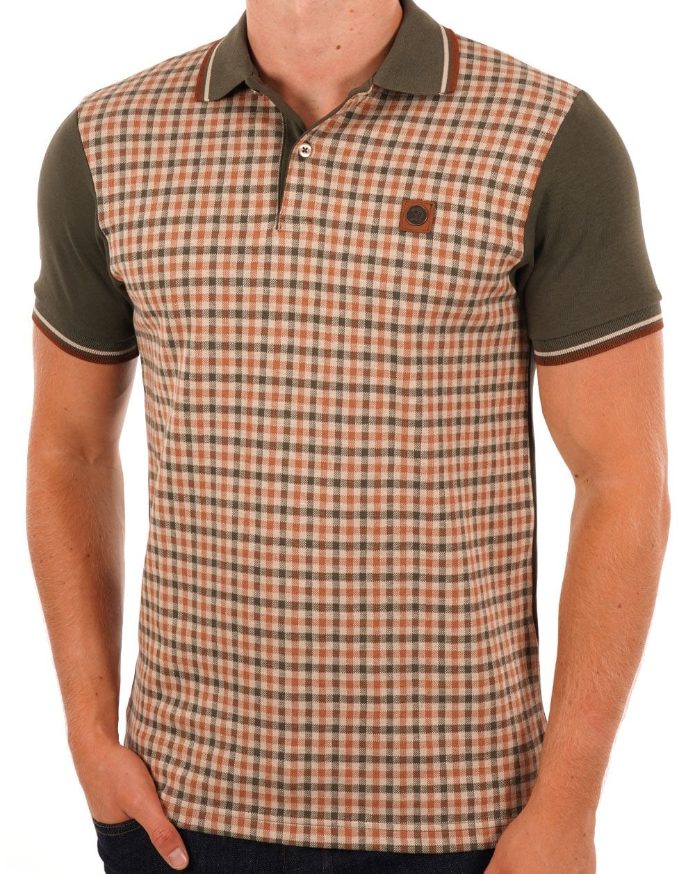 Trojan Gingham Check Panel Polo Army Green