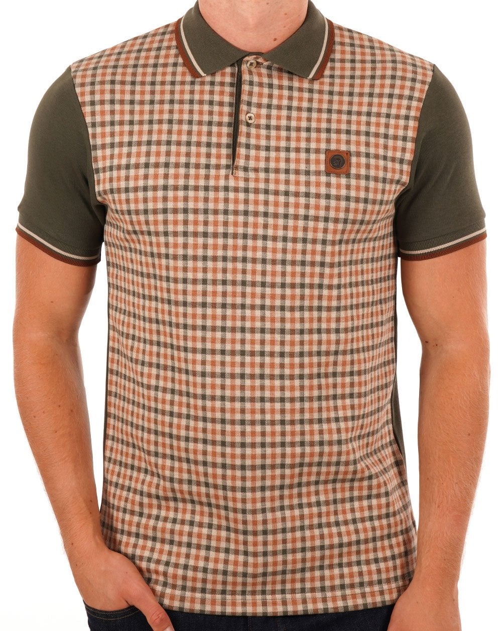 Trojan Gingham Check Panel Polo Army Green