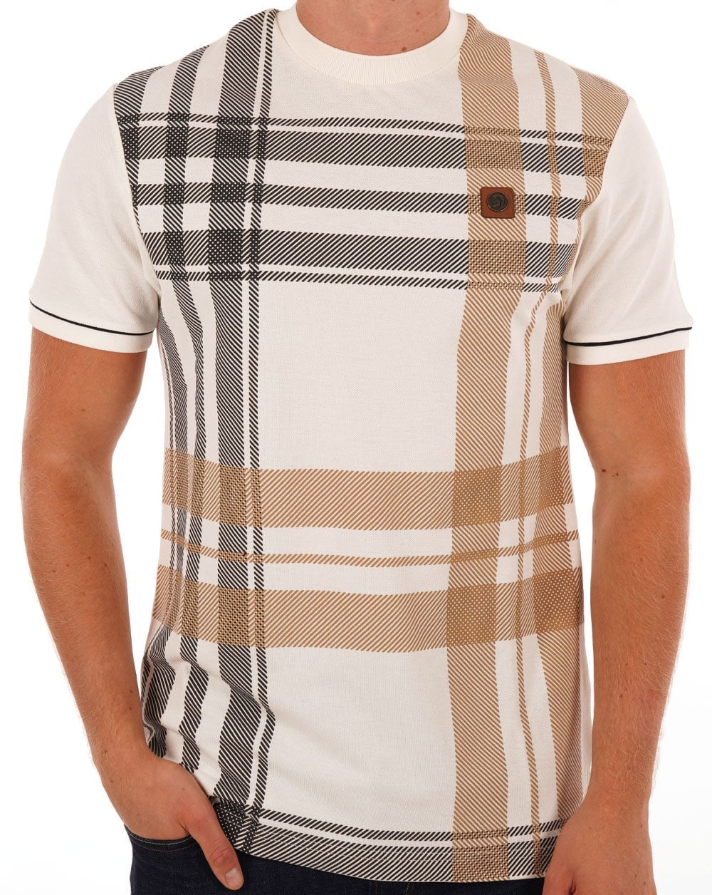 T-Shirt Trojan mit Karomuster im Panel-Design Ecru