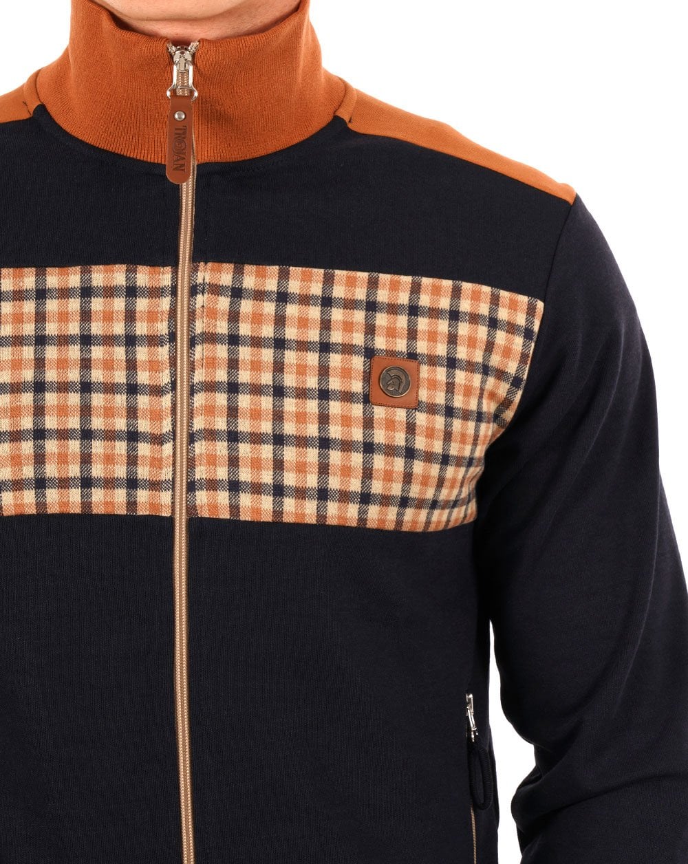Trojan – Trainingsjacke mit Gingham-Karo-Einsatz in Marineblau