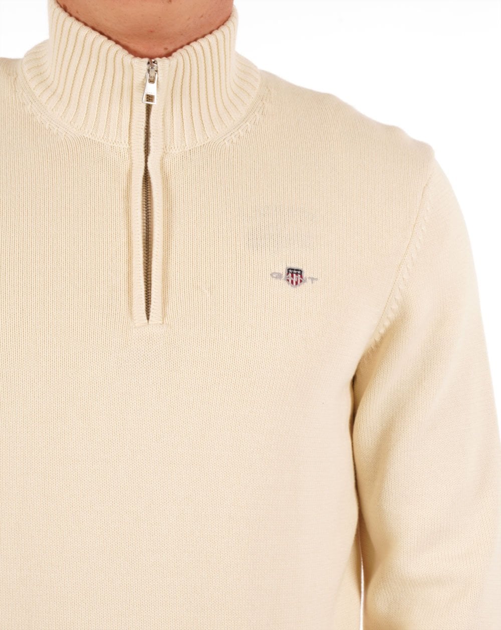 Gant Lässiger Baumwollpullover mit halbem Reißverschluss Creme