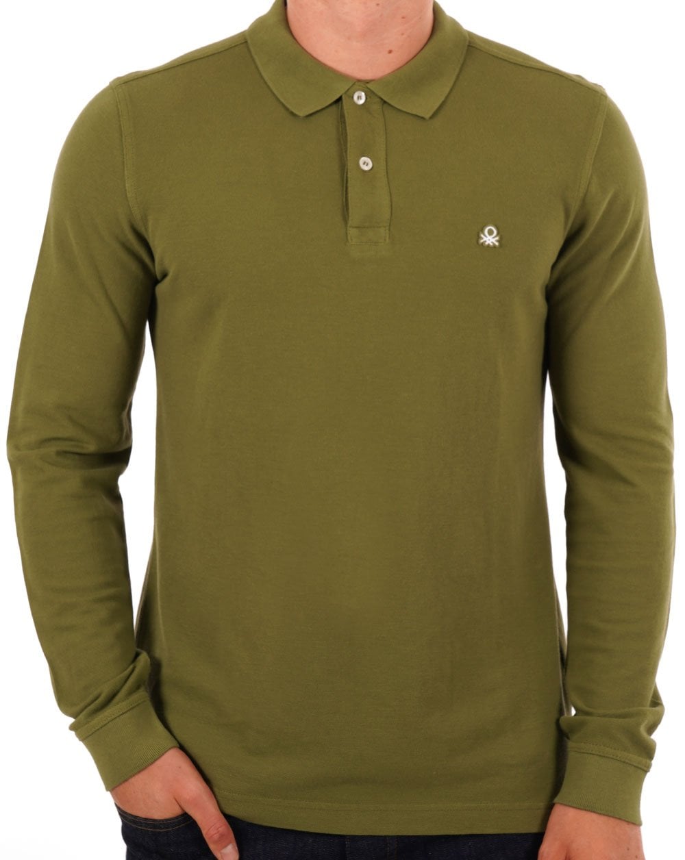 Benetton – Langärmliges Poloshirt in Khaki