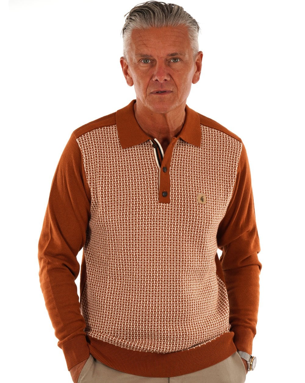 Gabicci Vintage Weaver Langarm-Strickpolo Toffee