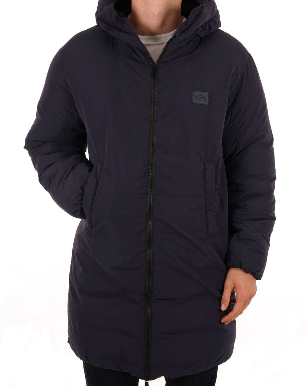 Benetton – Lange, wattierte Jacke in Marineblau