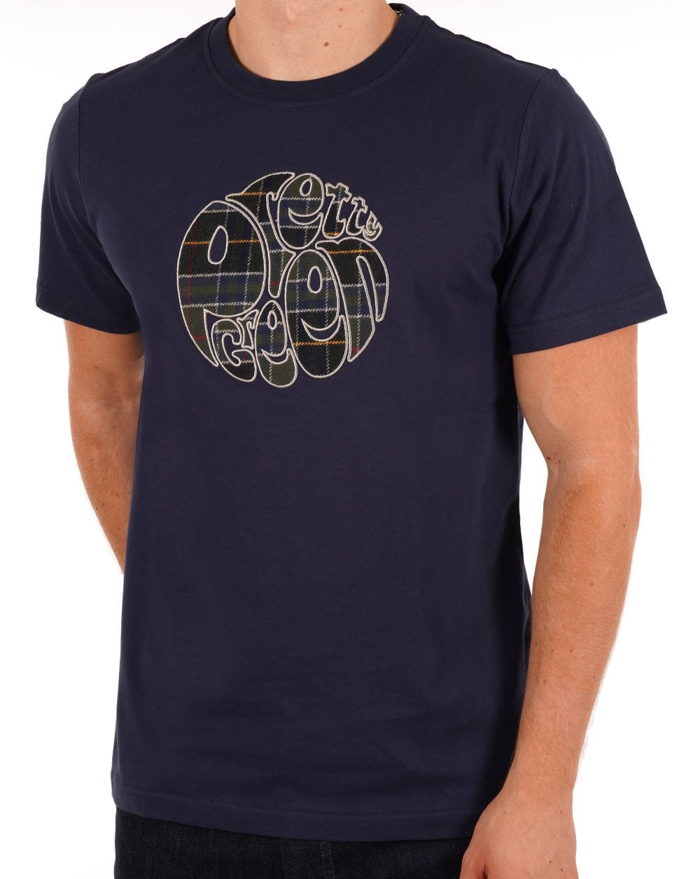 Pretty Green – Thomas – Kariertes Logo-T-Shirt in Marineblau