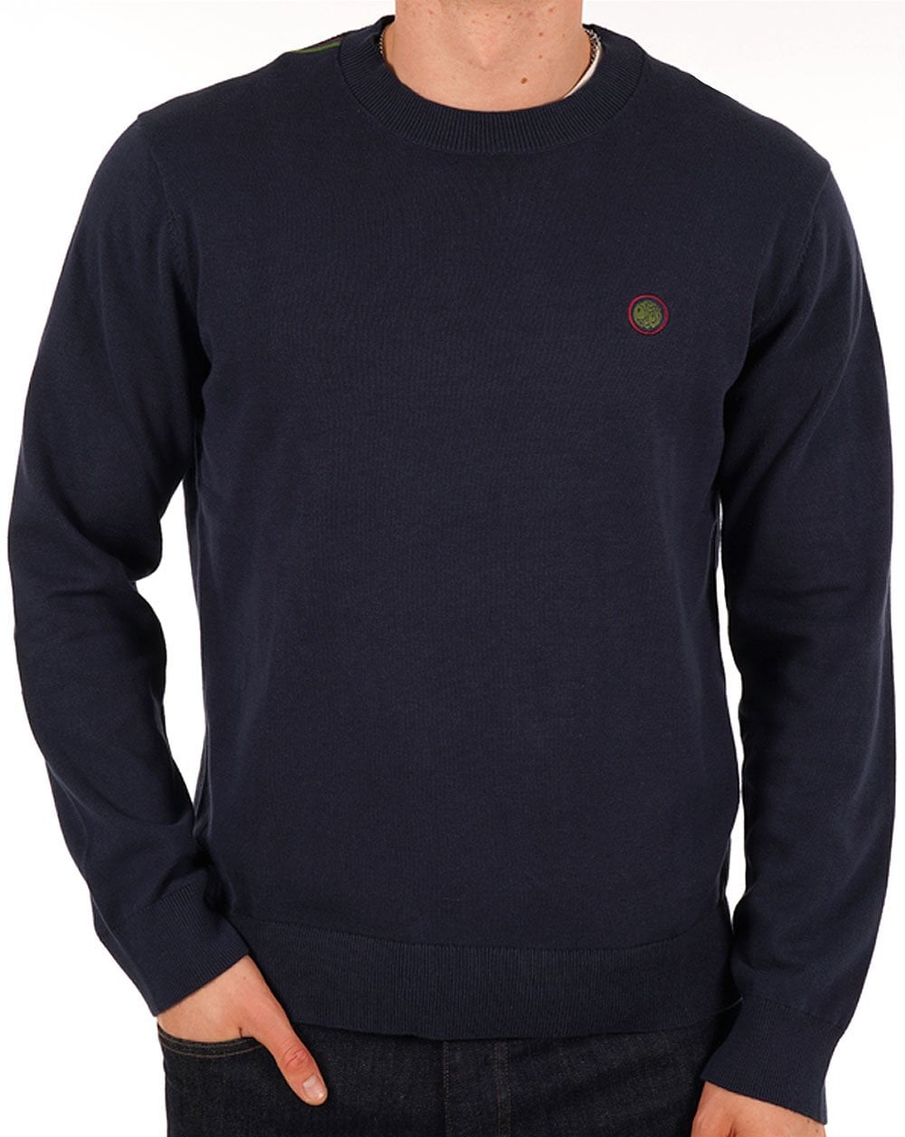 Pretty Green Rundhals-Strickpullover mit Baumwollspitze in Marineblau
