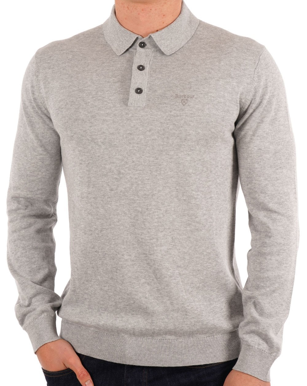 Barbour Bassington – Gestricktes Langarm-Poloshirt in Graumeliert