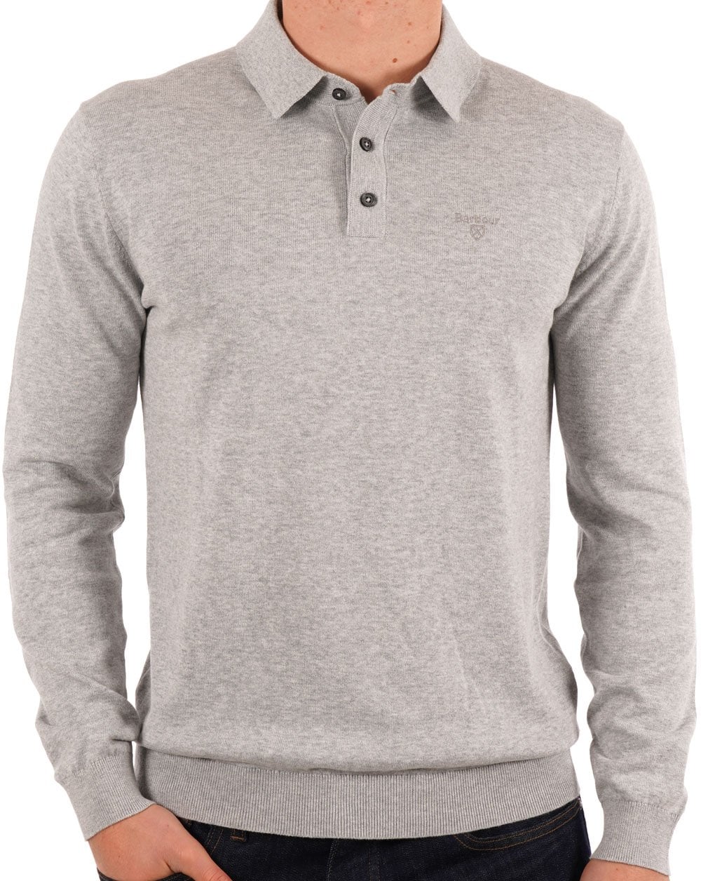 Barbour Bassington – Gestricktes Langarm-Poloshirt in Graumeliert