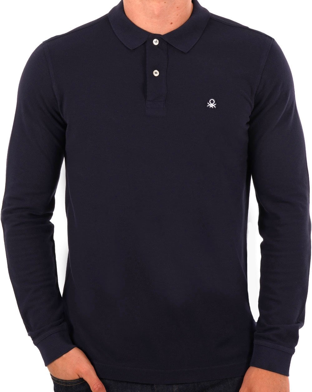 Benetton Langarm-Poloshirt in Marineblau