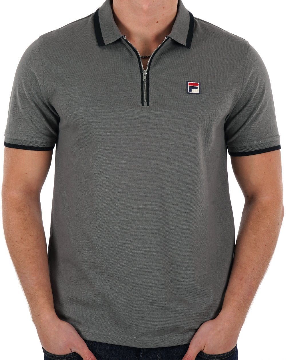Fila Vintage Tipped Zip Poloshirt Grau Schwarz