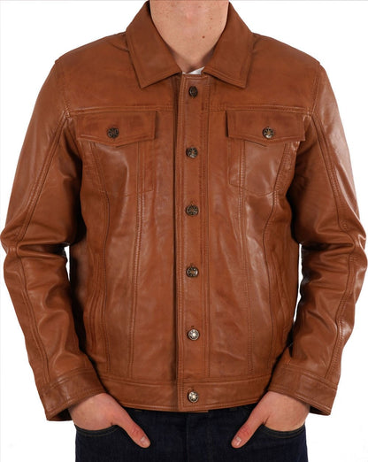 Echte Hoxton-Leder-Truckerjacke in Hellbraun