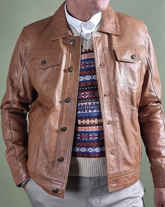 REAL HOXTON Echte Hoxton-Leder-Truckerjacke in Hellbraun