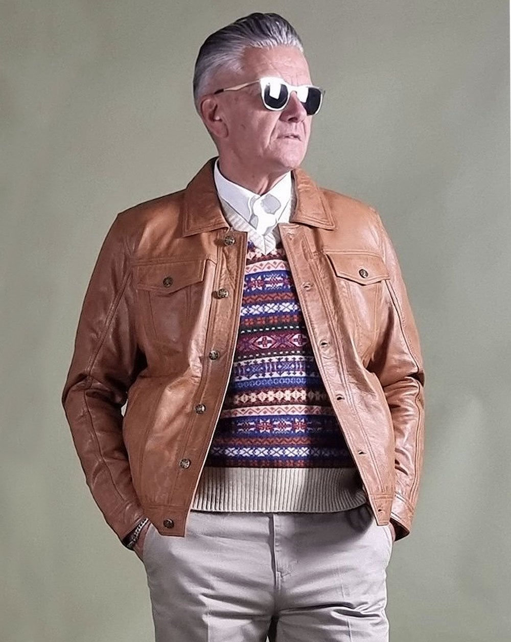 Echte Hoxton-Leder-Truckerjacke in Hellbraun