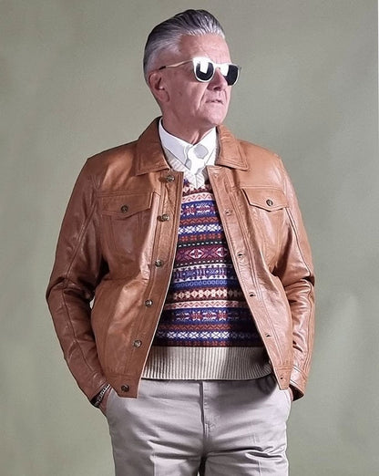 Echte Hoxton-Leder-Truckerjacke in Hellbraun