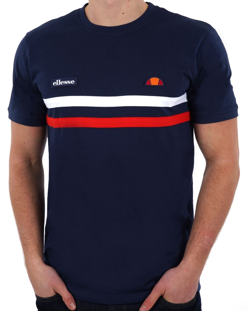 Ellesse – T-Shirt mit zwei Streifen, Marineblau/Weiß/Rot