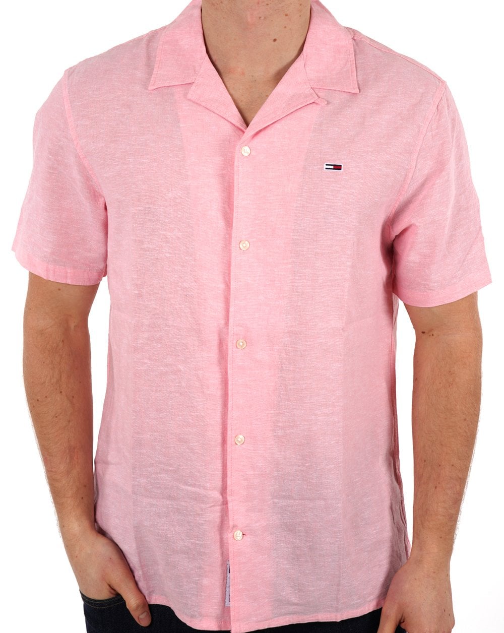 Tommy Jeans Leinen-Kurzarmhemd Hellrosa