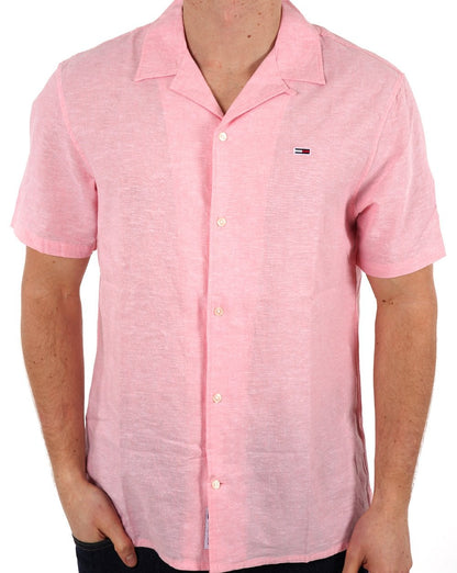 Tommy Jeans Leinen-Kurzarmhemd Hellrosa