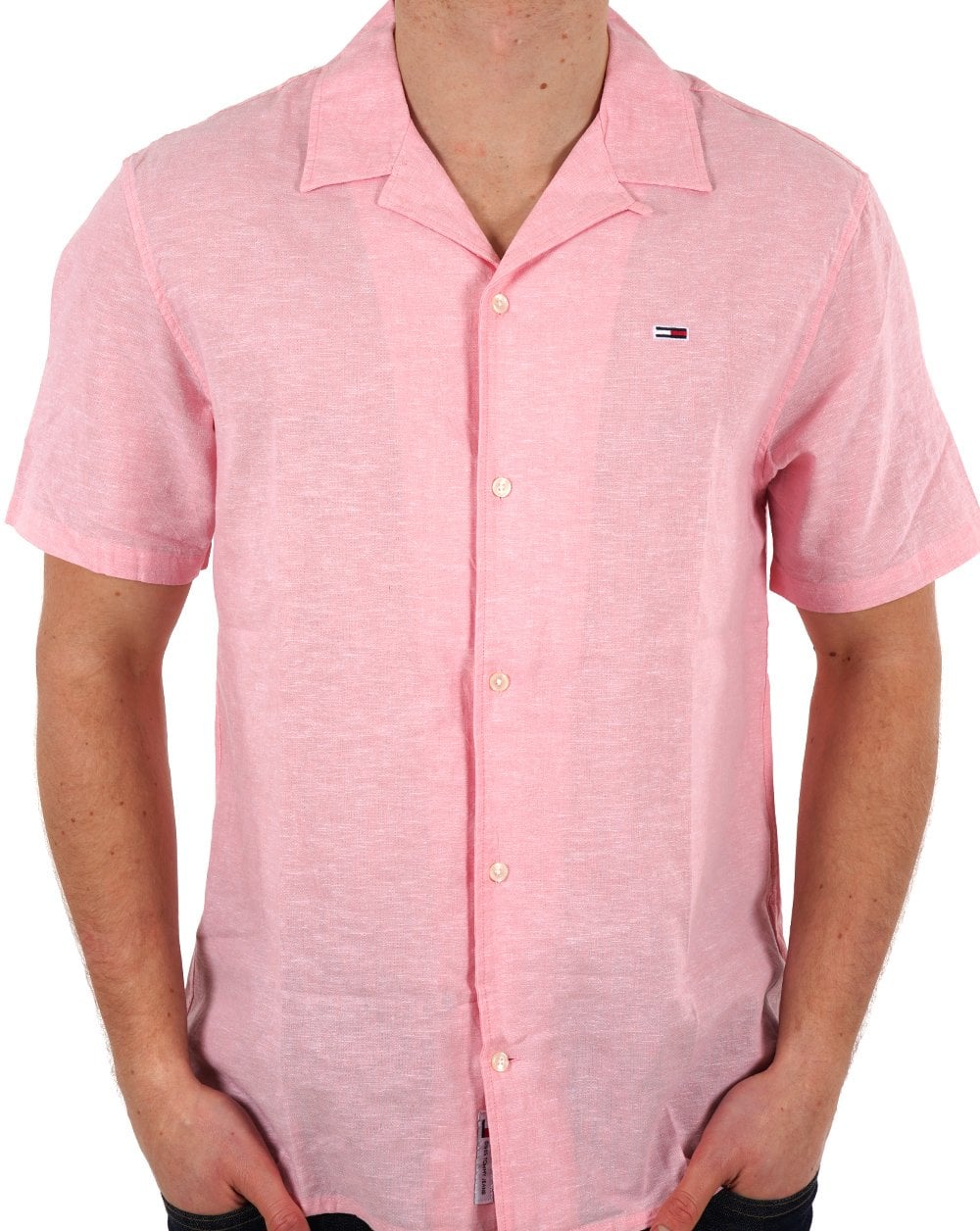 Tommy Jeans Leinen-Kurzarmhemd Hellrosa