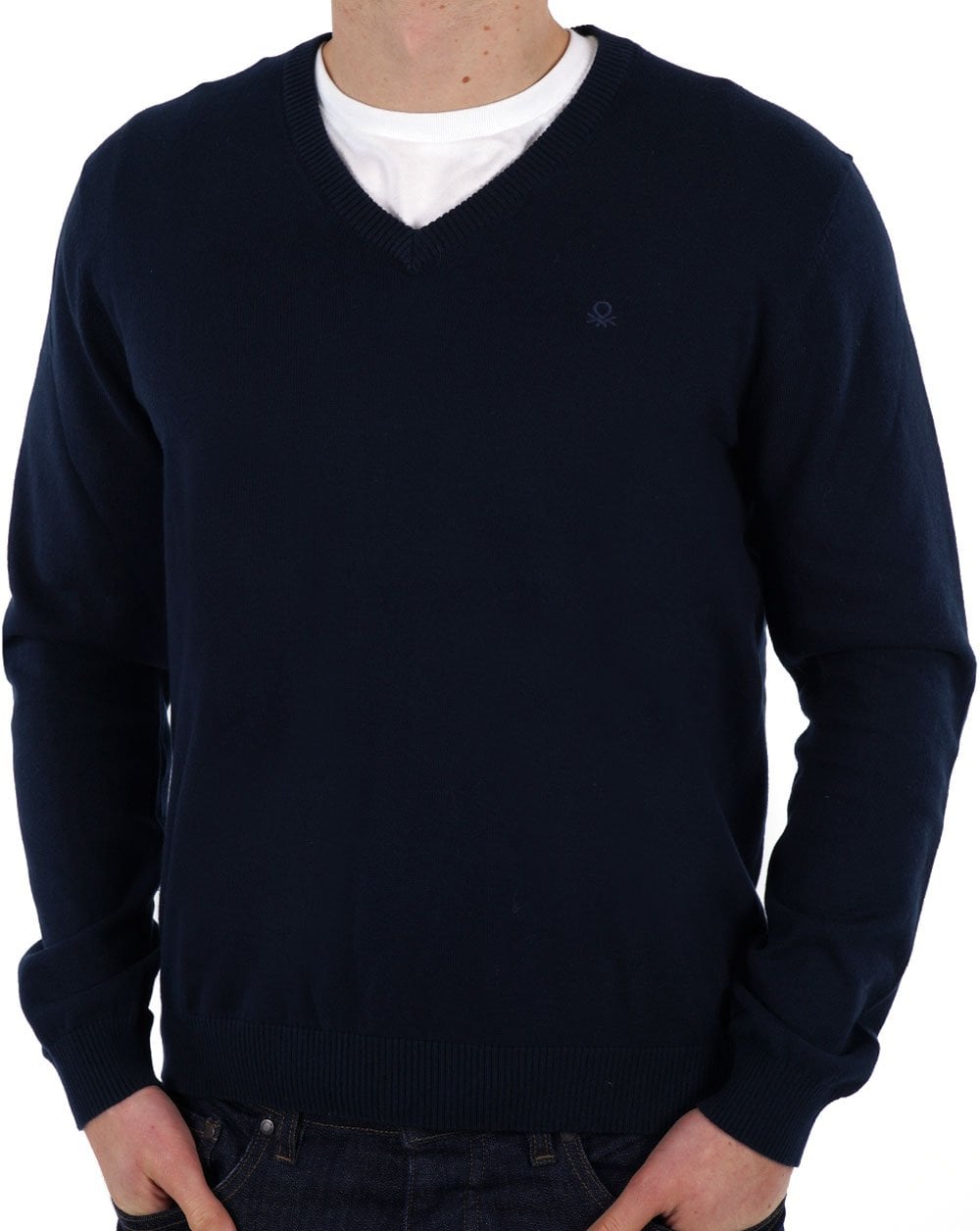 Benetton – Strickpullover mit V-Ausschnitt, Marineblau