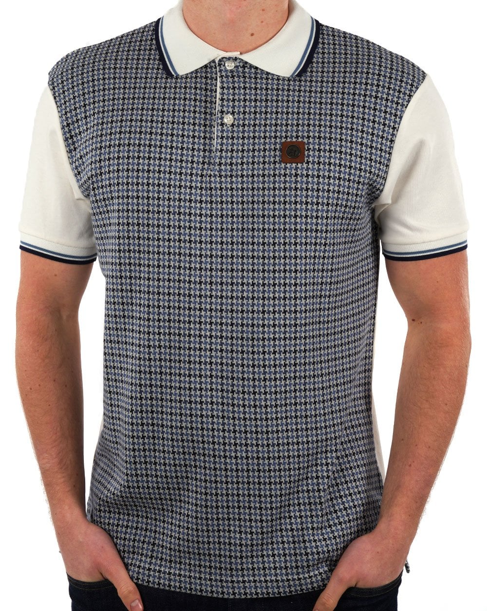 Trojan Poloshirt mit Hahnentrittmuster und Einsätzen in Ecru