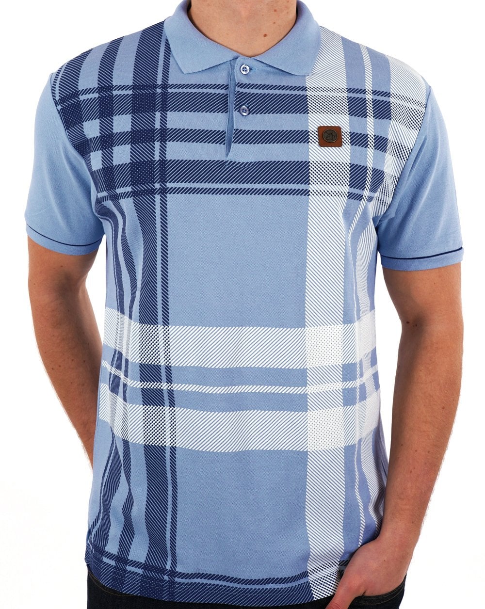 Trojan Check Panel Polo Shirt Sky