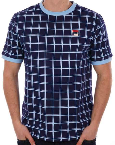Fila Vintage Freddie Windowpane T Shirt Navy/Sky Blue