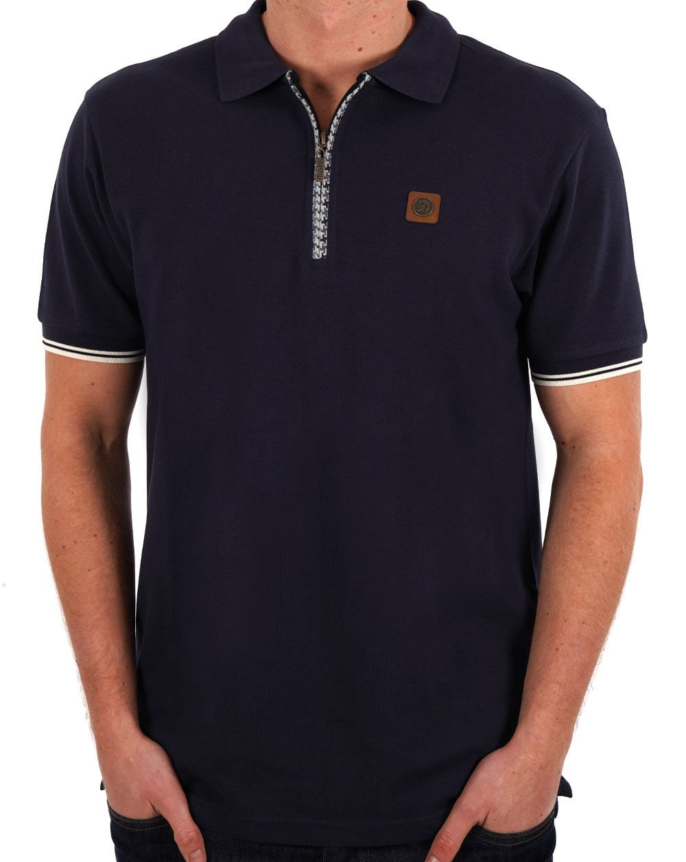 Trojan – Piqué-Poloshirt mit Hahnentrittmuster und Reißverschluss in Marineblau