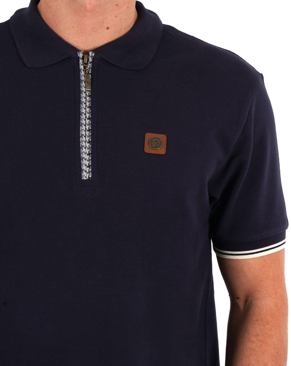 Trojan – Piqué-Poloshirt mit Hahnentrittmuster und Reißverschluss in Marineblau