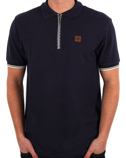Trojan – Piqué-Poloshirt mit Hahnentrittmuster und Reißverschluss in Marineblau