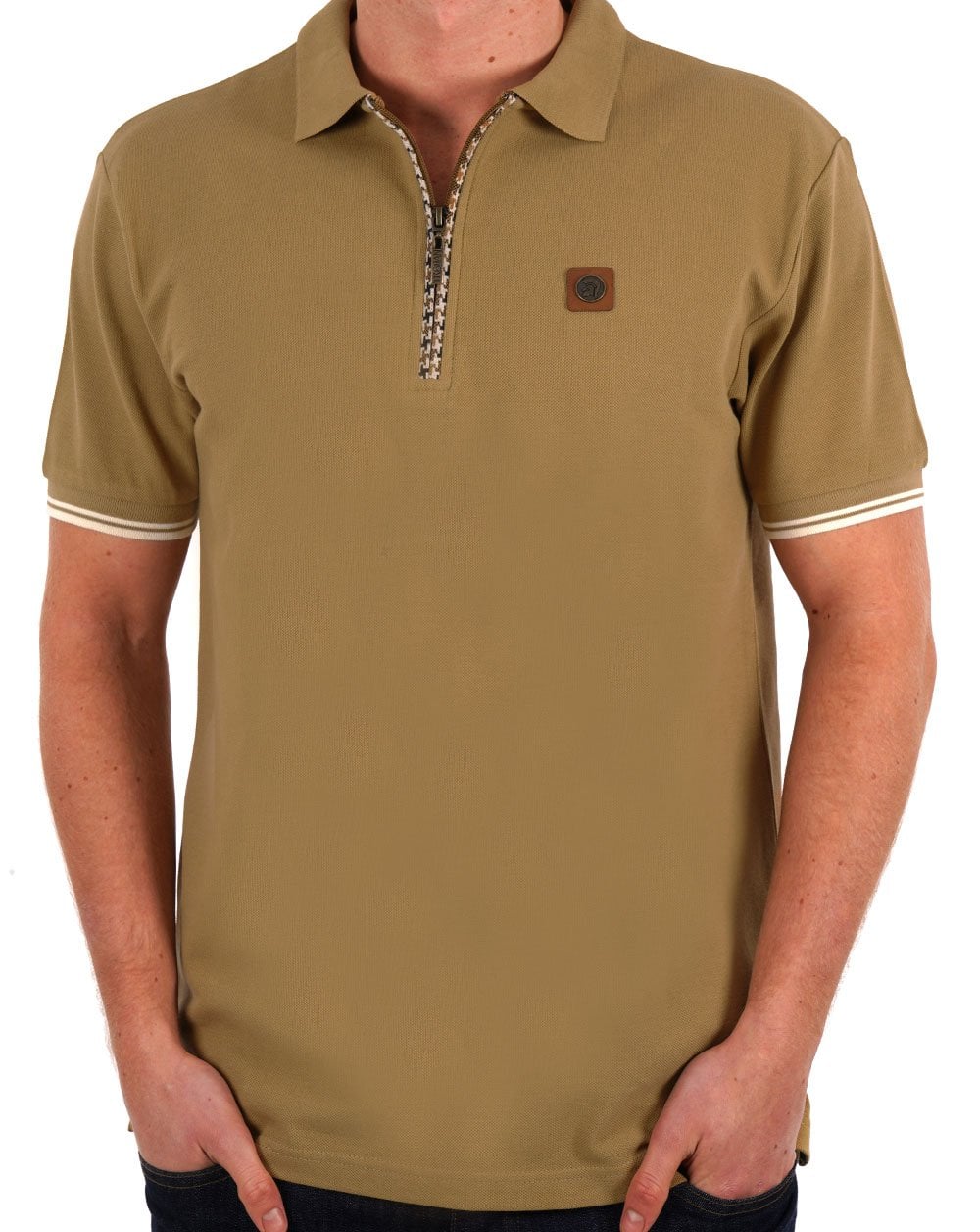 Trojan Poloshirt mit Hahnentrittmuster und Reißverschluss in Kamelbraun