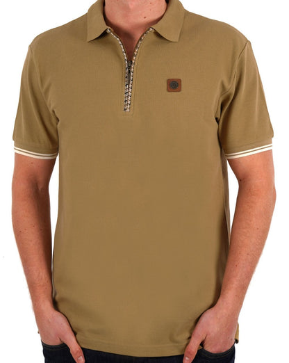 Trojan Poloshirt mit Hahnentrittmuster und Reißverschluss in Kamelbraun