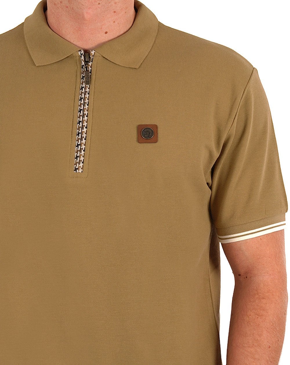 Trojan Poloshirt mit Hahnentrittmuster und Reißverschluss in Kamelbraun