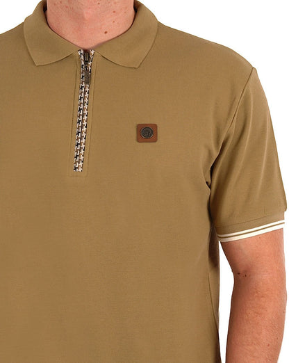 Trojan Poloshirt mit Hahnentrittmuster und Reißverschluss in Kamelbraun