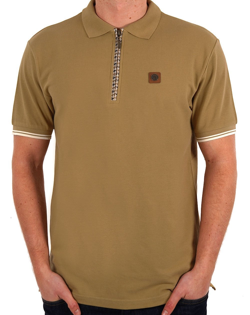 Trojan Poloshirt mit Hahnentrittmuster und Reißverschluss in Kamelbraun