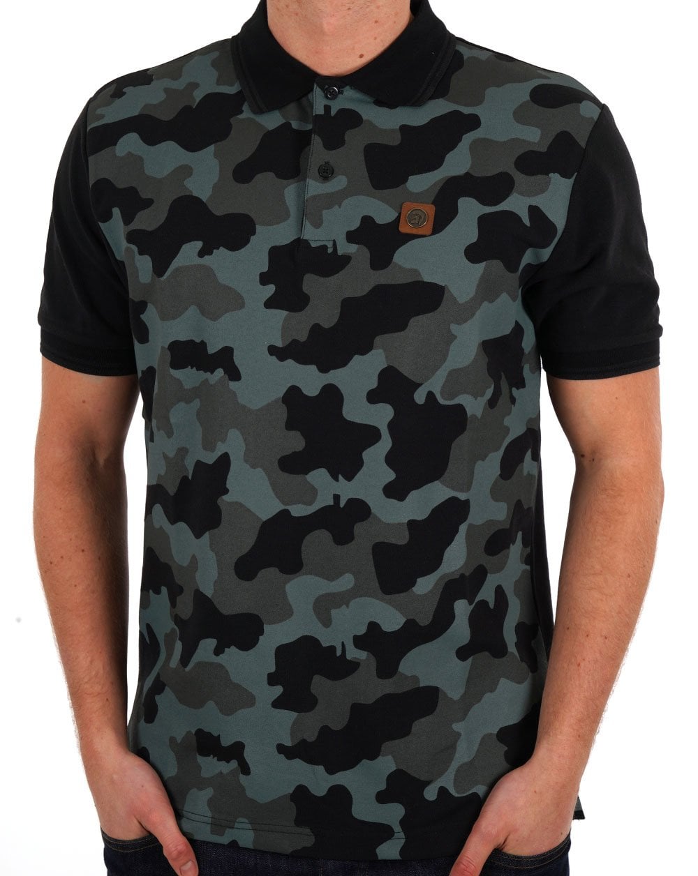 Trojan – Piqué-Poloshirt mit Camouflage-Einsatz in Schwarz