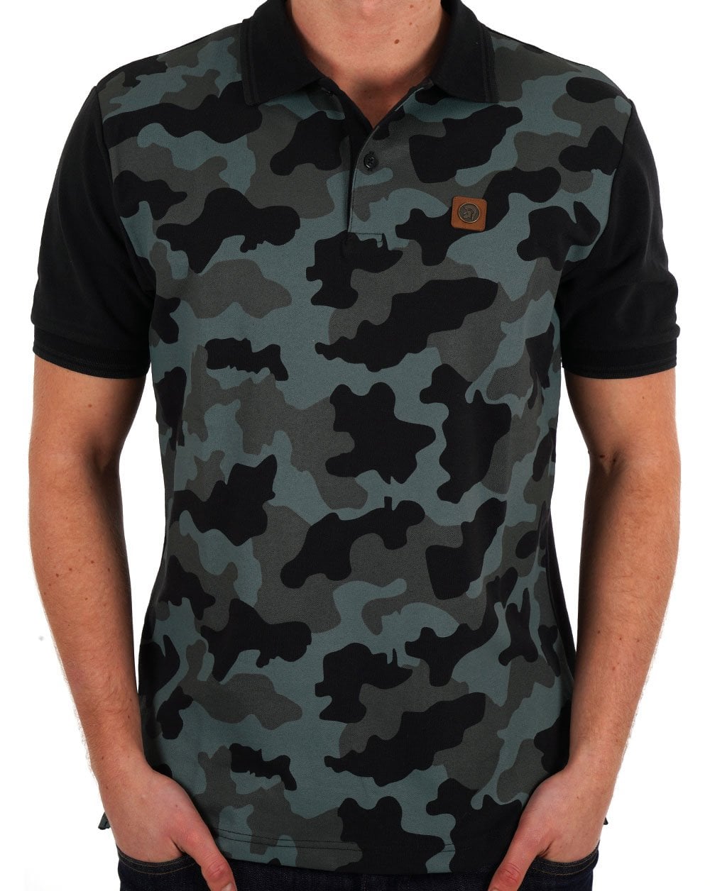 Trojan – Piqué-Poloshirt mit Camouflage-Einsatz in Schwarz