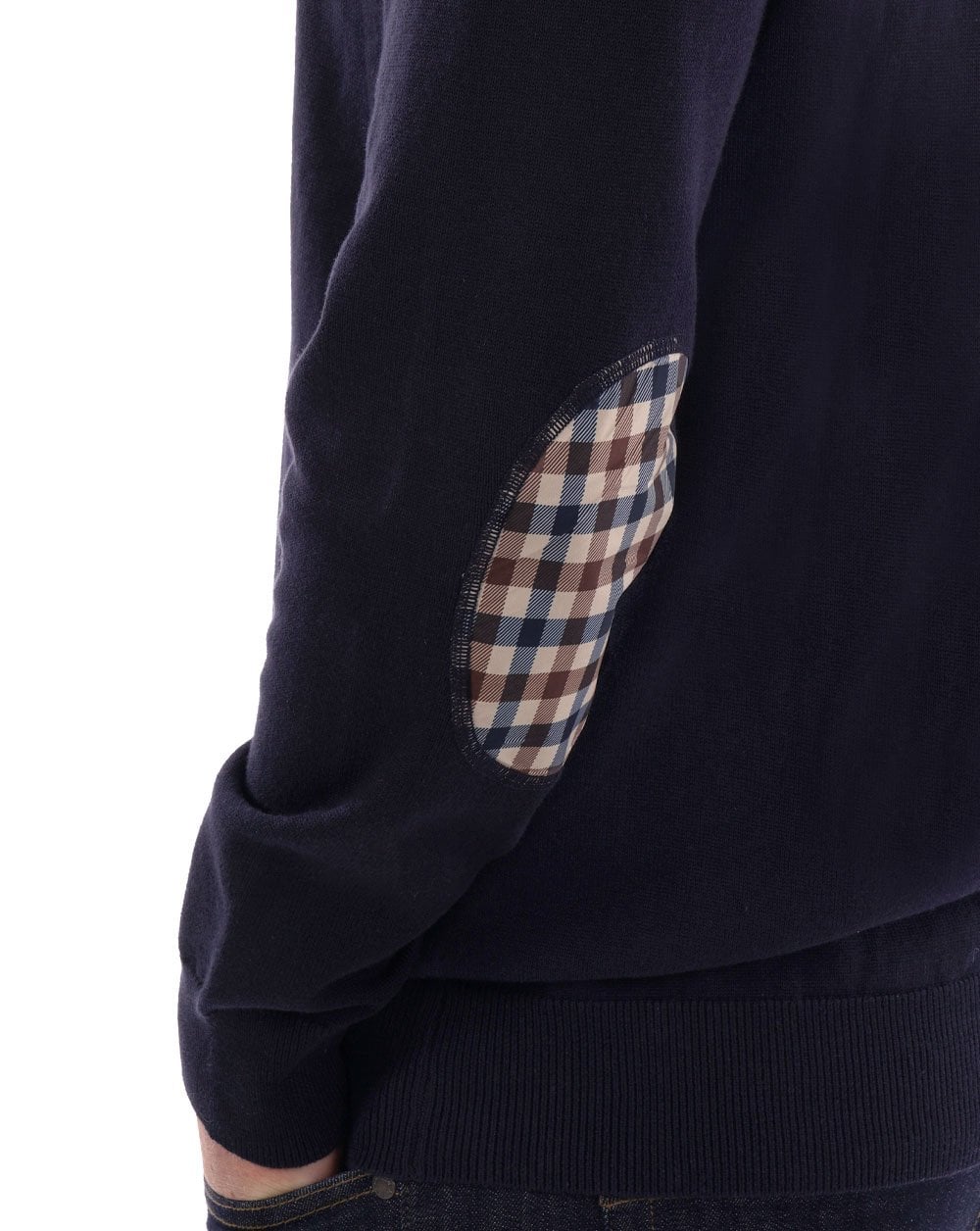 Aquascutum – Strickpullover mit kariertem Ellbogenpatch, Marineblau