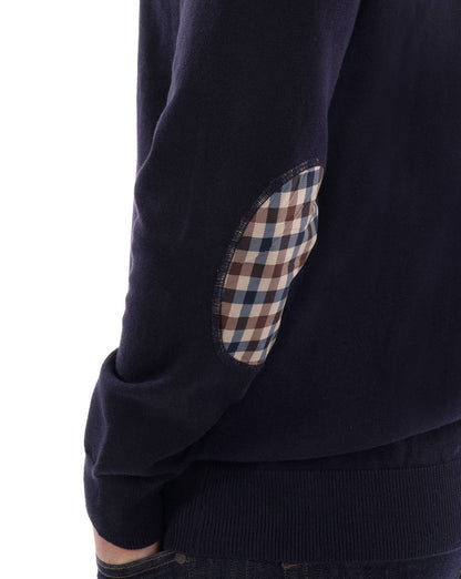 Aquascutum – Strickpullover mit kariertem Ellbogenpatch, Marineblau