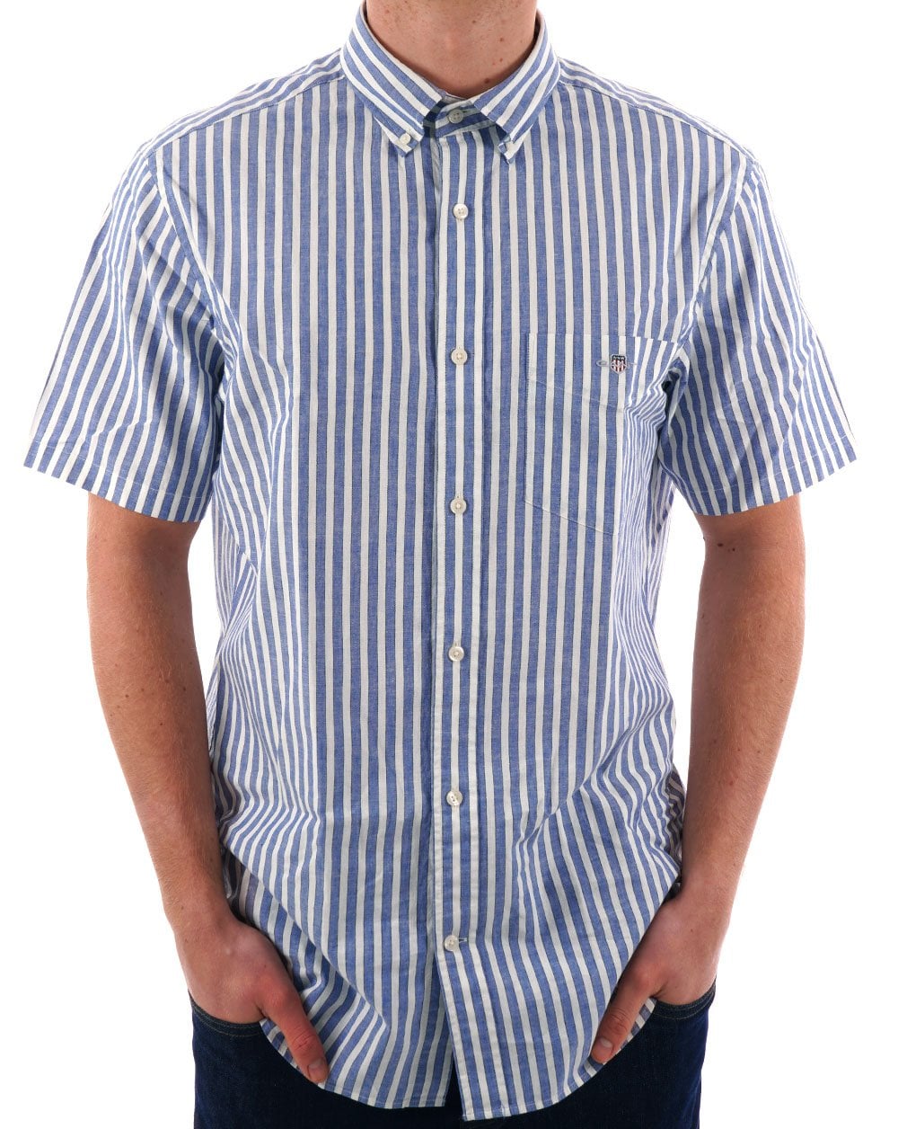 Gant Baumwoll-Leinen-Streifen-Kurzarmhemd Rich Blue