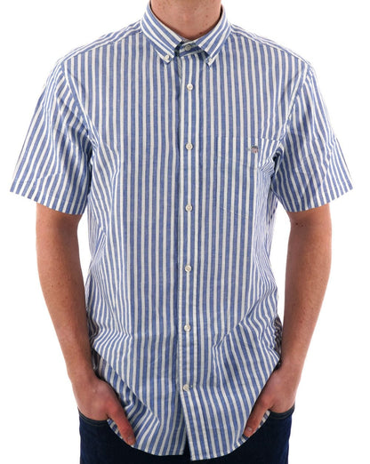 Gant Baumwoll-Leinen-Streifen-Kurzarmhemd Rich Blue