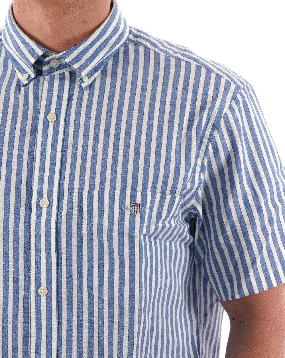 Gant Baumwoll-Leinen-Streifen-Kurzarmhemd Rich Blue