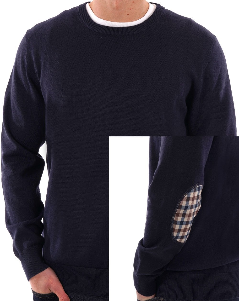 Aquascutum – Strickpullover mit kariertem Ellbogenpatch, Marineblau
