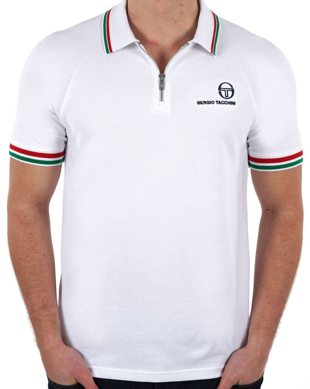 Sergio Tacchini Poloshirt mit Reißverschluss und Tipped-Print, Weiß, Grün, Rot