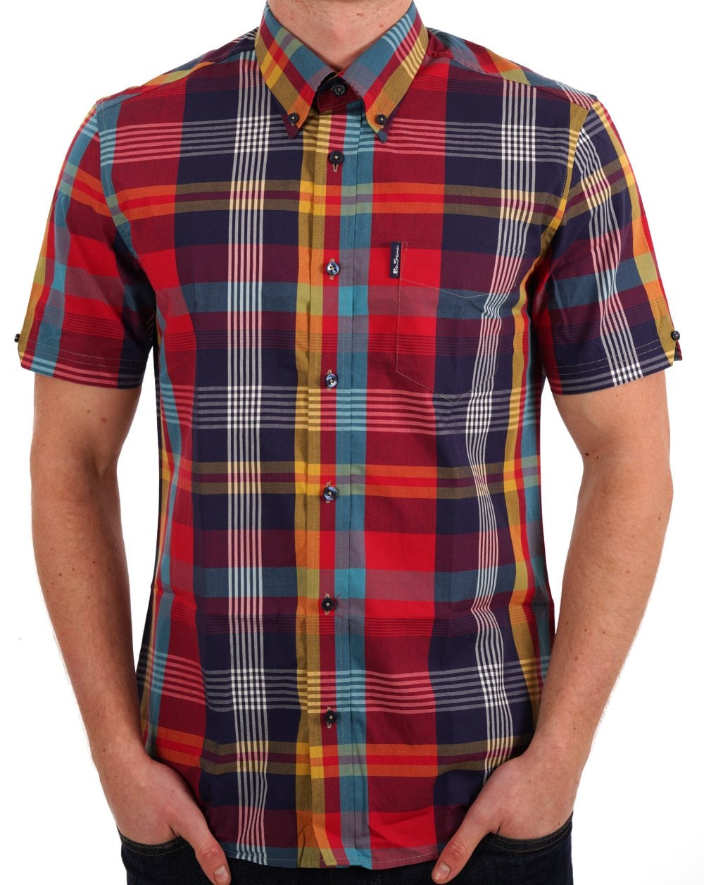 Ben Sherman – Kurzarmhemd mit großem Madras-Karomuster in Scharlachrot